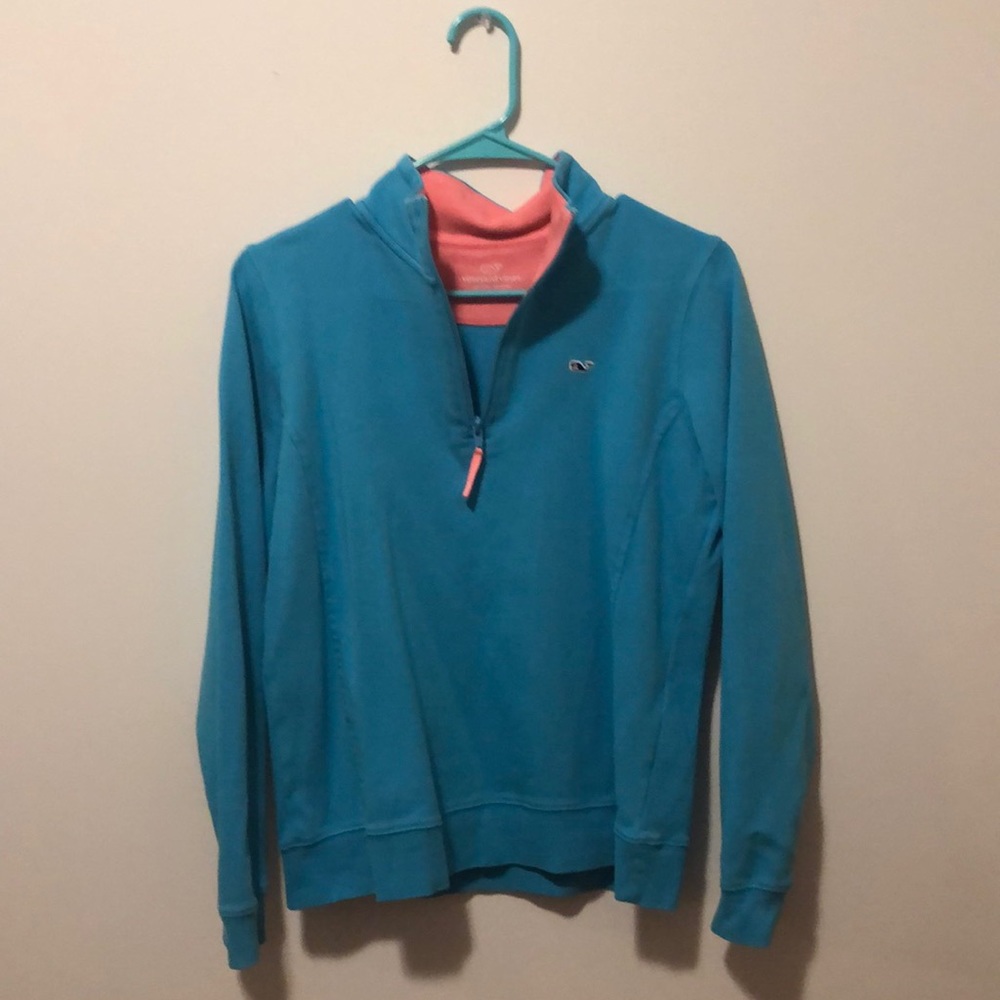 blue and pink vineyard vines quarter zip